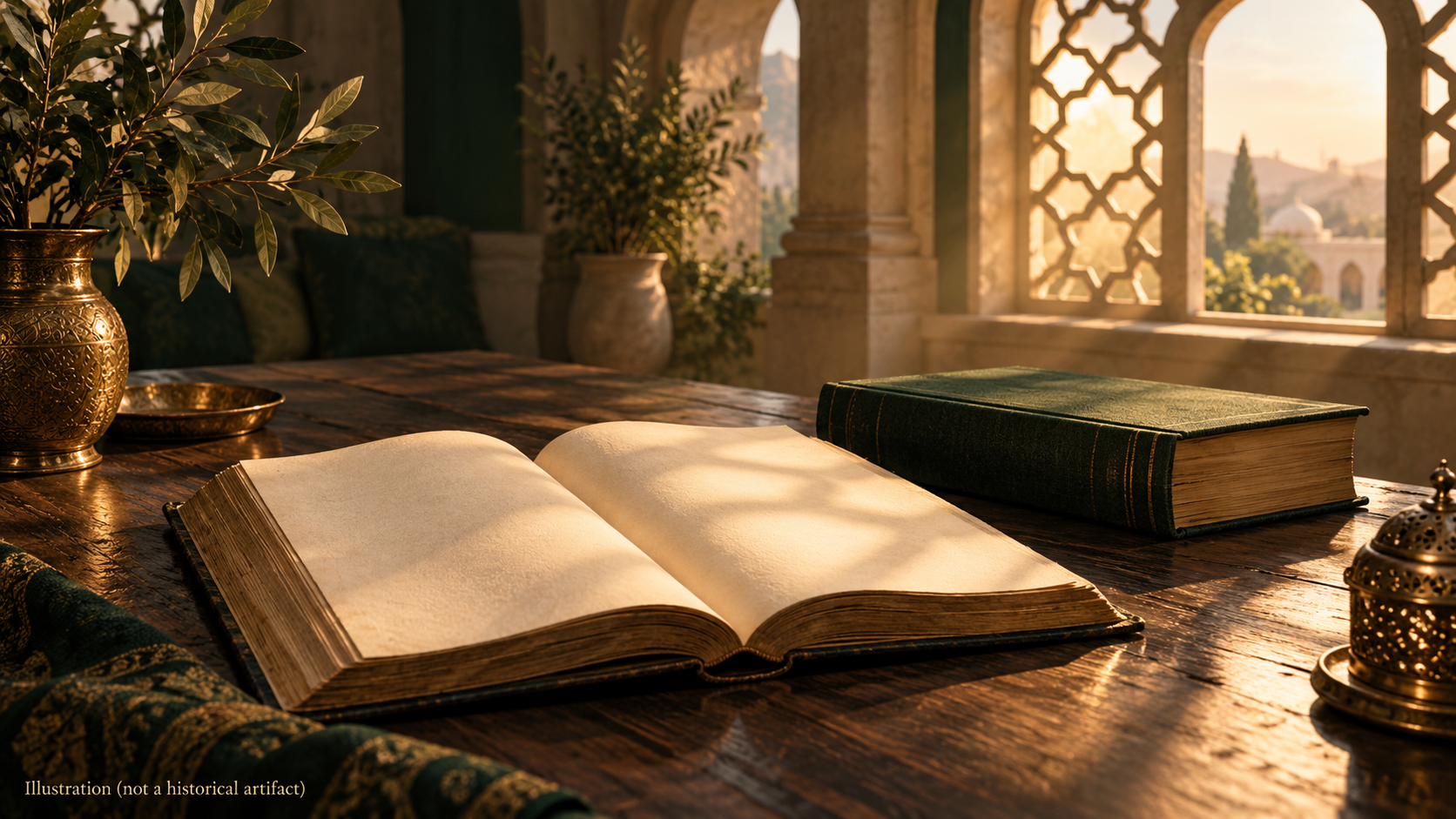 Editorial illustration of an open book and a closed green volume in warm light beside an arched window.